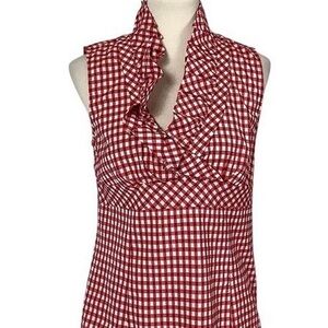 Lafayette 148 New York Red and White Gingham Ruffle V-Neck Sleeveless Top
